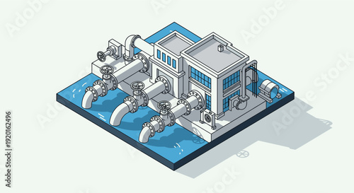 Clean, minimalist illustration of a water treatment plant in isometric view. Ideal for use in environmental, industrial, and infrastructure related designs and presentations.