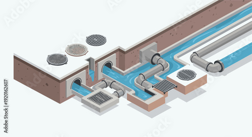 An isometric illustration showing a water drainage system with pipes, manholes, and gratings. Ideal for depicting infrastructure, engineering, or urban planning concepts in infographics.