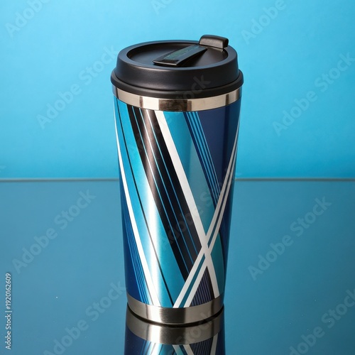 A blue and silver travel mug with a black lid
