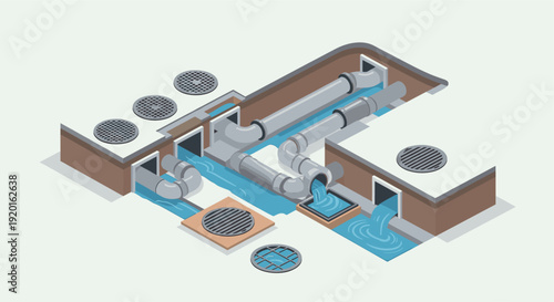 Vector illustration depicting an isometric view of an underground drainage system with pipes, water flow and manhole covers. Great for infographic projects.