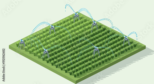 Isometric illustration of field irrigation system with sprinklers watering crops. Agricultural technology concept image for farming, sustainable agriculture, and smart farming solutions.
