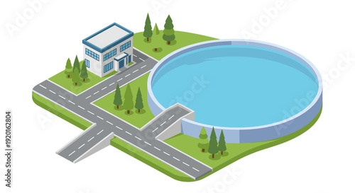 Vector illustration of water purification plant featuring a reservoir, building, and road. Useful for depicting infrastructure, engineering, or environmental themes.