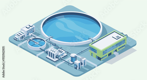 An isometric illustration of a water treatment plant showing various stages. Suitable for brochures, websites, or presentations related to environmental issues and industrial water management.