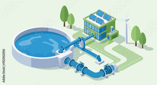 Isometric illustration of a water treatment plant powered by solar panels and a wind turbine. Showcases sustainability and eco-friendly approach to water management.