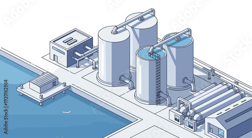 Isometric illustration of a water treatment facility, showcasing tanks, buildings, and filtration systems. Ideal for engineering, technology, or environmental protection visuals.