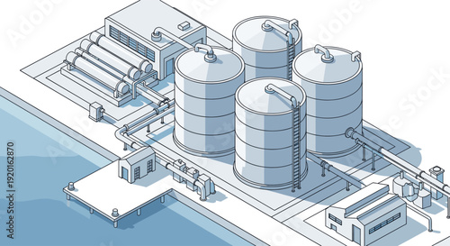 Clean isometric illustration of a water or wastewater treatment plant. Includes storage tanks, buildings, and piping. Great for engineering, architecture, or environmental themes.