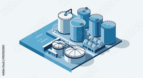 Isometric vector illustration showcasing an industrial plant with cylindrical tanks, pipes, and structures. Ideal for use in presentations, websites, and infographics related to industry and energy.