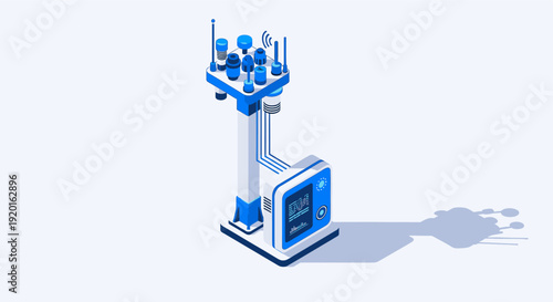 Isometric illustration of a blue and white technology station with antennae and data display. Represents futuristic technology, data processing, connectivity. Great for tech, science, future concepts.