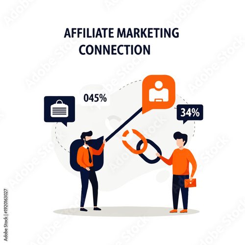 Two businessmen connected by a link in an affiliate marketing concept
