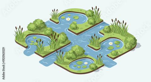 A colorful, isometric illustration of a river flowing through islands with ponds, trees, cattails, and water lilies. Perfect for environmental, ecological, or design-related projects.