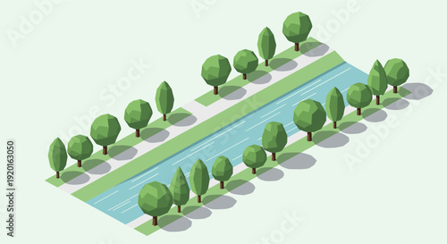 Isometric vector illustration of a river with trees and a footpath. Perfect for urban planning, landscape architecture, or environmental projects. Serene and modern design.