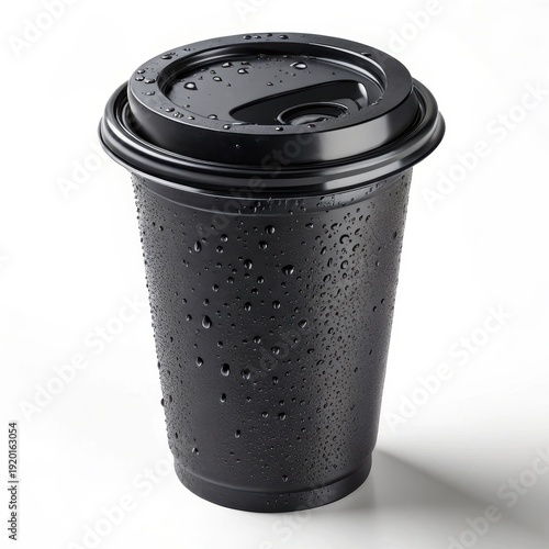 A black disposable cup with a lid on a white background