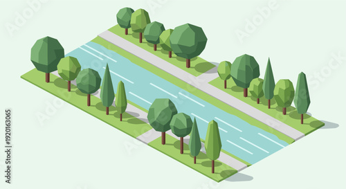 Isometric vector illustration of a river with trees alongside a path. Clean, minimalist design for architectural visualizations, site plans, and urban planning. Peaceful, nature, calm mood.