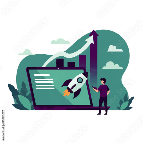A man in a purple shirt stands next to a laptop with a rocket ship on the screen, symbolizing business growth and success.