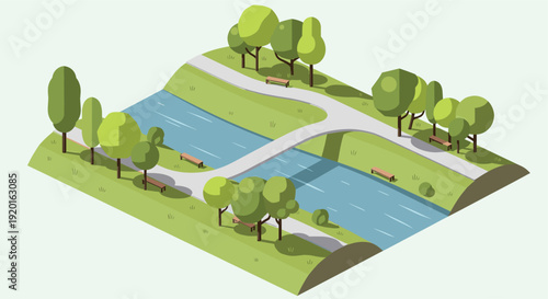 Isometric illustration featuring a park with a winding river, paths, trees, and benches. Ideal for website design, infographics, or educational materials. Peaceful and clean design.