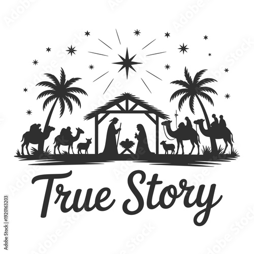 Nativity scene depicting the birth of jesus with wise men and animals