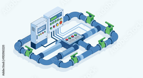 Isometric vector illustration of a complex industrial water system featuring blue pipes, green valves, and control panels. Ideal for visualizing engineering concepts.