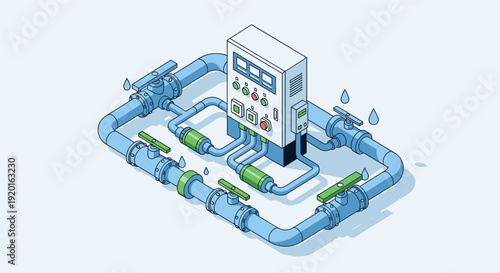 Stylized vector illustration of an industrial water system with pipes, valves, a control panel, and simulated water drops, suitable for illustrating concepts of water management or system failure.