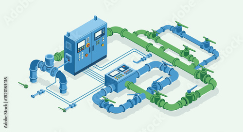 An isometric illustration depicting a water treatment facility with blue and green piping, valves, and control panels. Suitable for illustrating infrastructure, engineering, or industrial concepts.