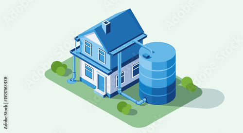 Isometric vector illustration of a blue house with a rainwater harvesting system. Depicts sustainability, conservation, and eco-friendly design. Perfect for infographics and educational materials.
