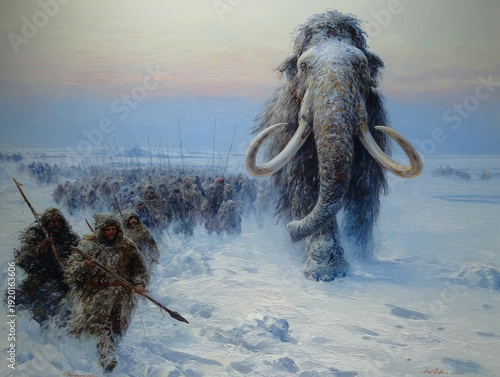 Dynamic paint illustration depicting a dramatic prehistoric hunting scene where a tribe of early humans attacks a massive woolly mammoth with spears during a snowy blizzard
