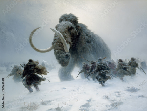 Dynamic paint illustration depicting a dramatic prehistoric hunting scene where a tribe of early humans attacks a massive woolly mammoth with spears during a snowy blizzard