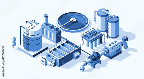 Isometric illustration of a water treatment plant. Shows tanks, pipes, and filters. Can be used for water, engineering, or environmental concepts. Clean design.