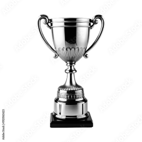 Black and white halftone trophy cup illustration isolated on white background. Vintage engraved style award symbol of victory, achievement and success in retro vector design.