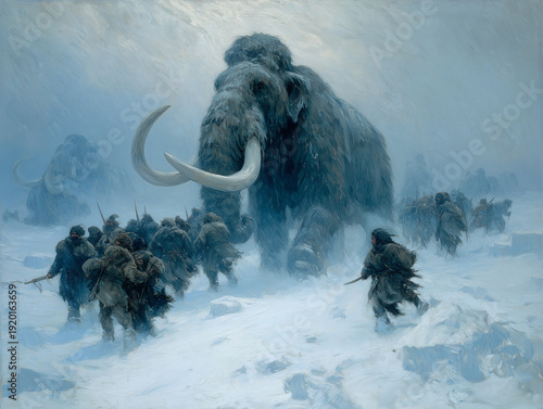 Dynamic paint illustration depicting a dramatic prehistoric hunting scene where a tribe of early humans attacks a massive woolly mammoth with spears during a snowy blizzard