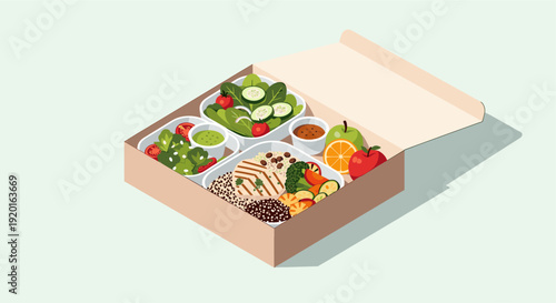 Isometric illustration of a bento box containing a balanced and healthy meal, perfect for diet, nutrition, or weight loss concepts. Includes fish, salad, rice, fruits, and vegetables.
