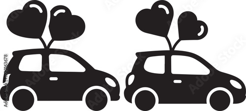 Charming black and white icons of small cars with heart-shaped balloons, conveying love, romance, and celebration.