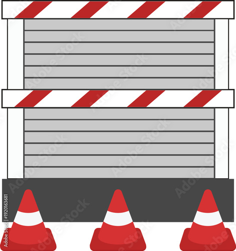 Vector illustration of a closed roller shutter door with red and white warning barricades and traffic cones in front. Construction or restricted area concept featuring safety barriers and road cones.