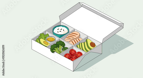 Isometric illustration of a bento box filled with healthy food options including rice, chicken, avocado, broccoli, and tomatoes. Ideal for food blogs and wellness campaigns.