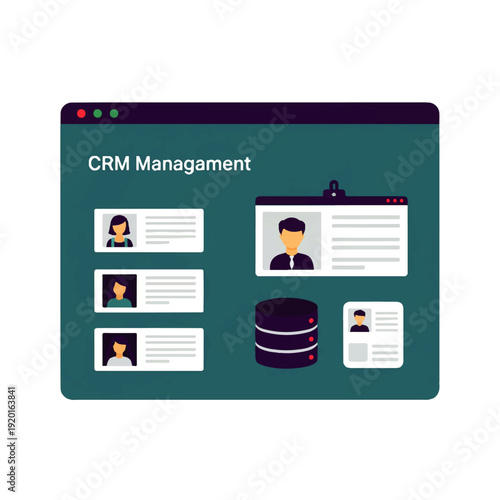 A graphic illustration of a CRM management system on a computer screen