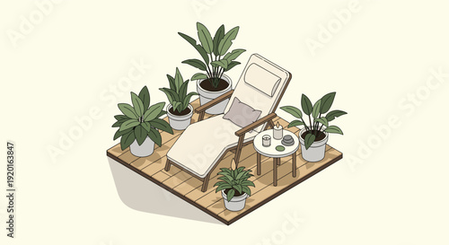 Isometric illustration of a relaxation zone with a deck chair, table, and various potted plants on a wooden deck. Perfect for wellness, lifestyle, or home decor themes.