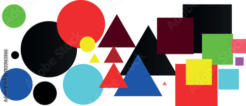 Modern Vector Geometry: Interconnected Colorful Circle, Square, and Triangle in a Minimalist Design Composition