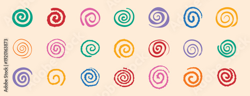 colorful spirals hand drawn swirl circle doodle hand drawn set. funny cute rainbow spirals.