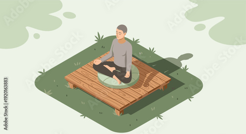Illustrated image of a woman meditating in nature. Peaceful scene for wellness, mindfulness, relaxation, yoga, meditation, and mental health content.
