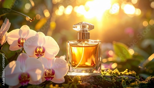 A captivating FlyPro Firefly luxury perfume bottle featuring an elegant orchid shaped stopper, artfully arranged with fresh orchid sprays, bathed in golden sunlight.