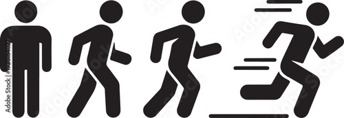 Running and walking people icons. Man stands, walk and run illustration. People symbol. Run, walk, stand. Vector illustration