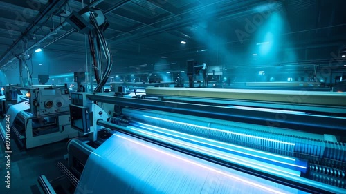 Low-angle shot of an industrial printing press with blue lighting in a factory setting.