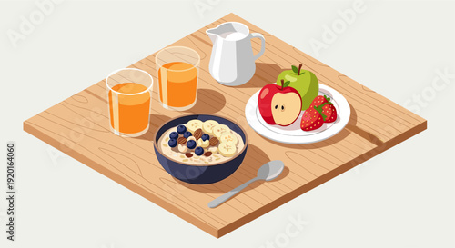 Isometric illustration of a healthy breakfast setup. Features oatmeal with toppings, orange juice, fresh fruit, and milk on a wooden tray. Ideal for health, wellness, and food concepts.
