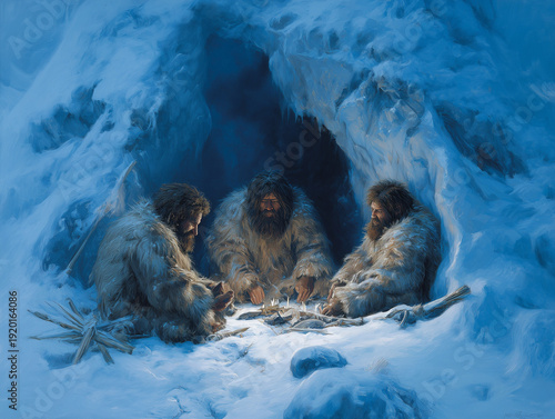 Atmospheric illustration of a group of Neanderthals inside a cave during winter, gathered around a warm fire to prepare hunted prey, highlighting survival, resourcefulness