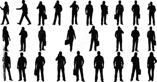 Business people silhouette set, professional men and women standing walking talking poses, office worker collection, corporate lifestyle illustration, black vector, isolated on white background
