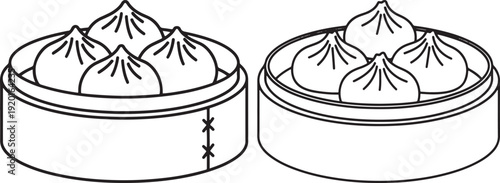 Outline illustration of two bamboo steamers filled with dumplings, representing Asian cuisine, dim sum, and food preparation.