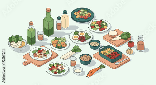 Isometric illustration of healthy food ingredients and prepared meals. Ideal for nutrition, diet, wellness, recipe websites, and culinary blogs. Clean, modern style on a light background.