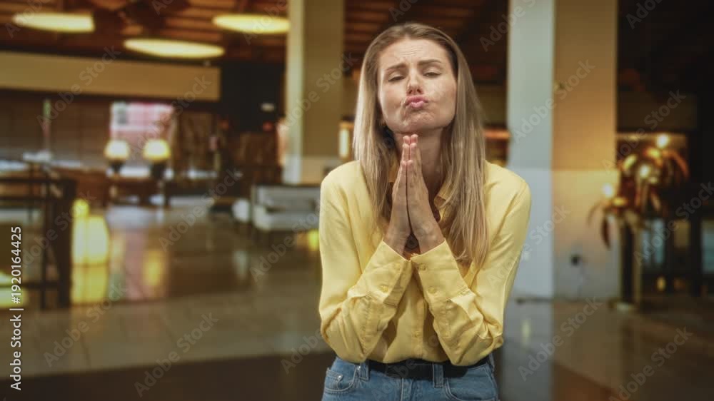custom made wallpaper toronto digitalYoung blonde woman with clasped hands pleading in a modern building, yellow shirt and jeans visible; hopeful plea vulnerability.