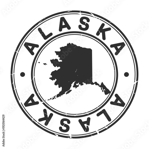 Alaska state seal graphic with a silhouette of the landmass