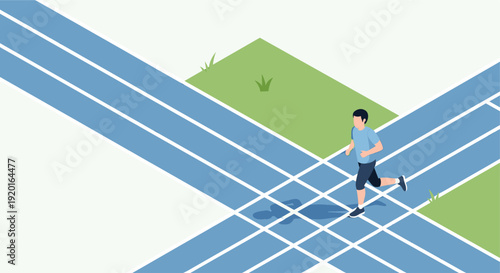 Isometric illustration of a man running on a blue running track. Green grass patches are nearby. Clean, minimalist design. Useful for health and wellness campaigns.