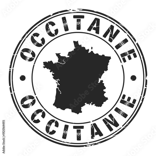 Occitanie region stamp with a map of southern france inside